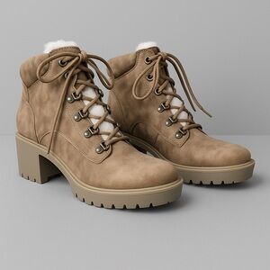 Indigo Tan Lace Up Boots with Chunky Heel and Rugged Sole
